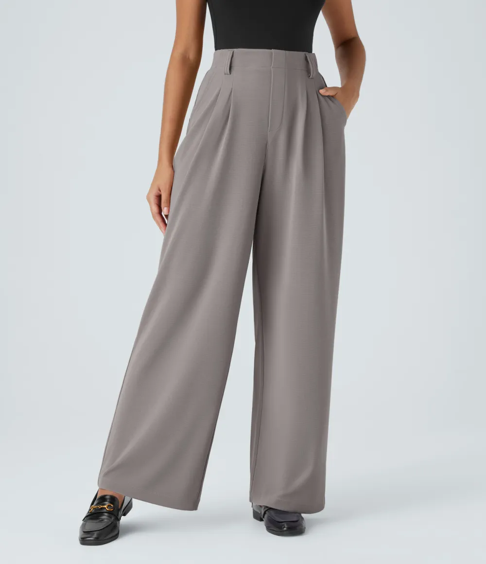  High Waisted Plicated Side Pocket Wide Leg Waffle Work Pants