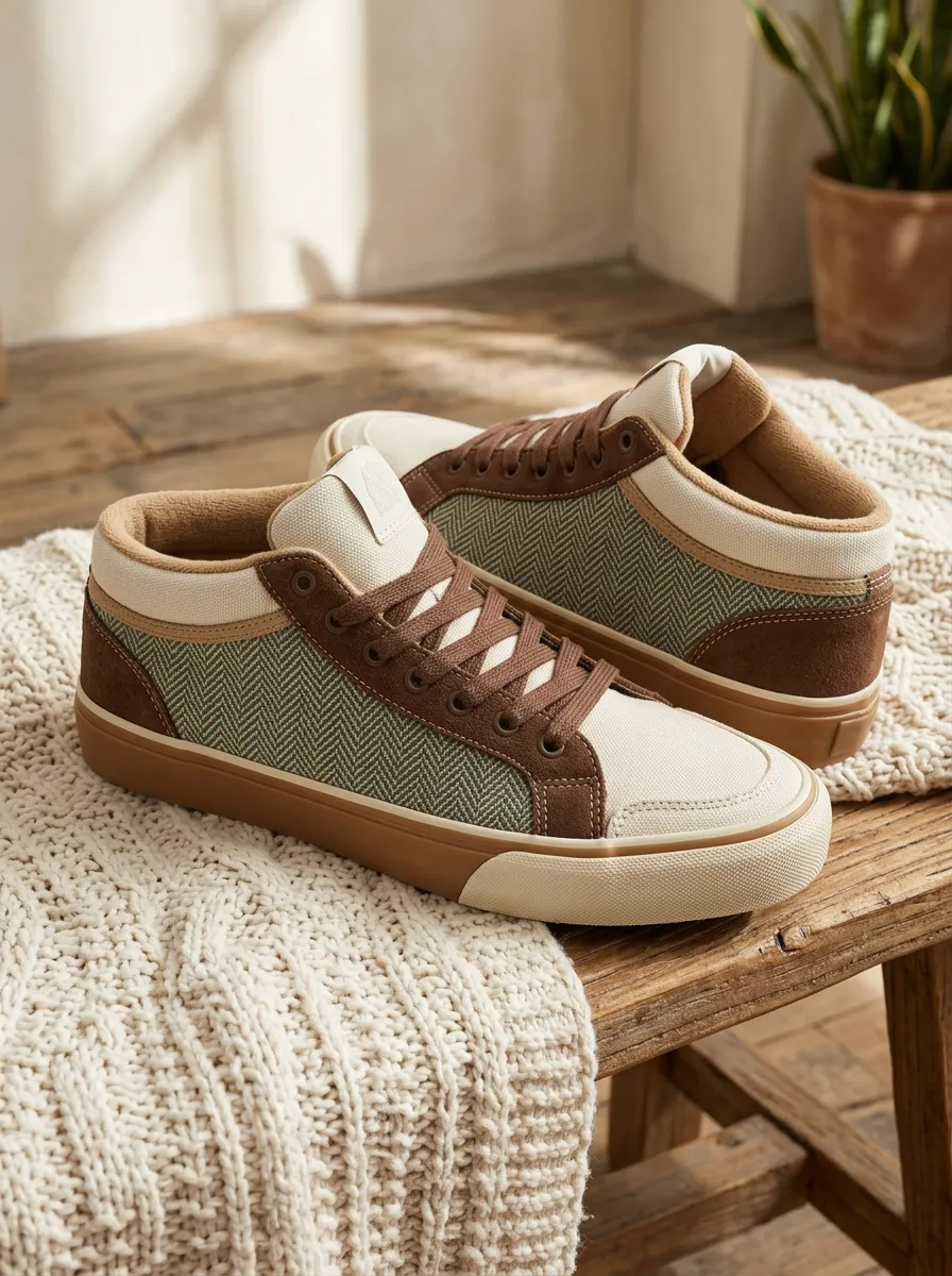 Women's Vintage Herringbone Pattern Brown Suede Printed Sneakers