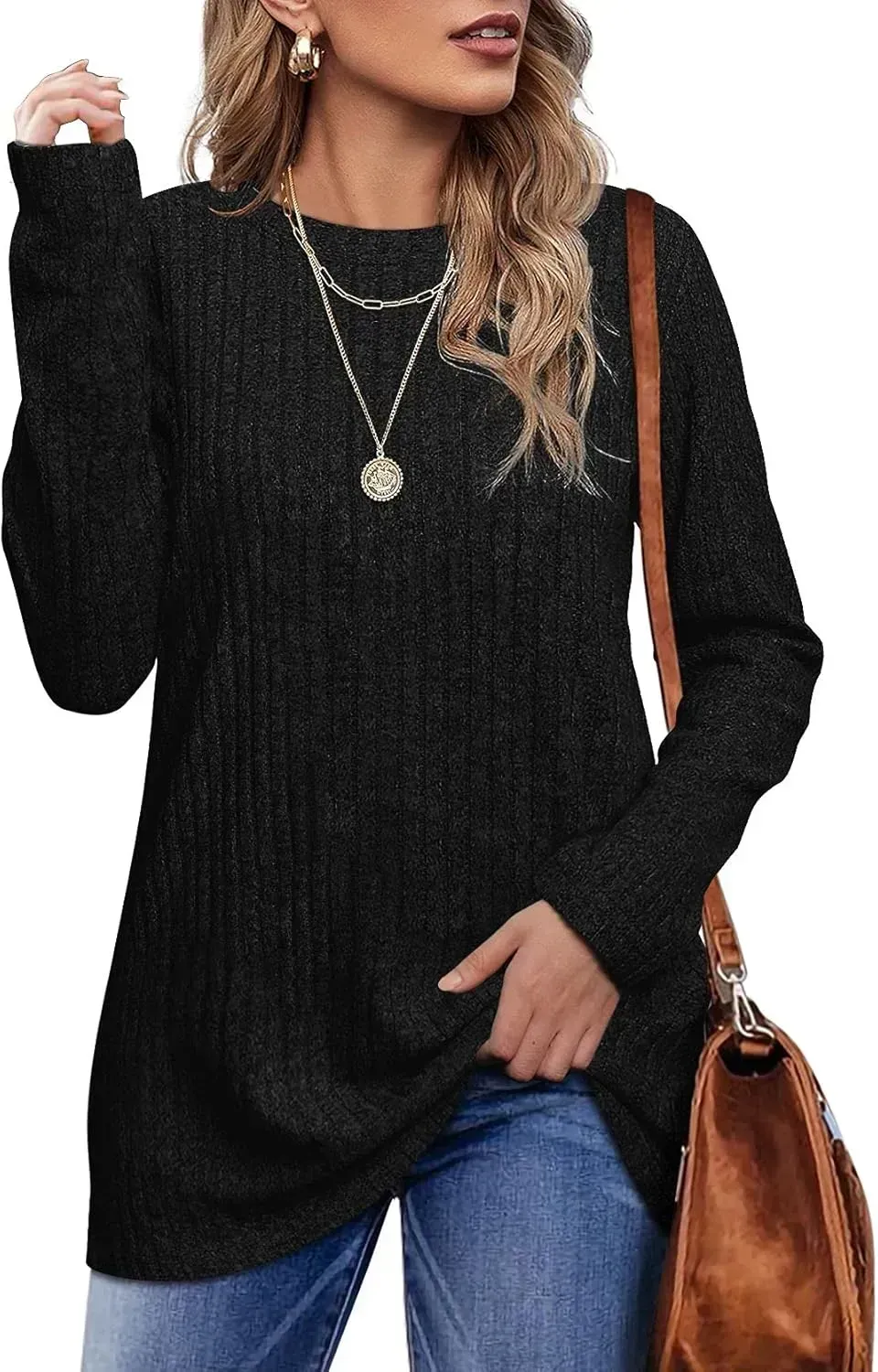 OFEEFAN Long Sleeve Shirts for Women Lightweight Crew Neck Casual Tunic Tops