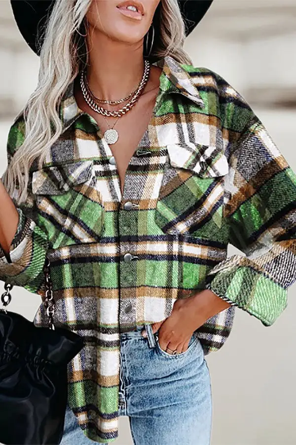 Casual Lapel  Button Plaid Pocket Coat