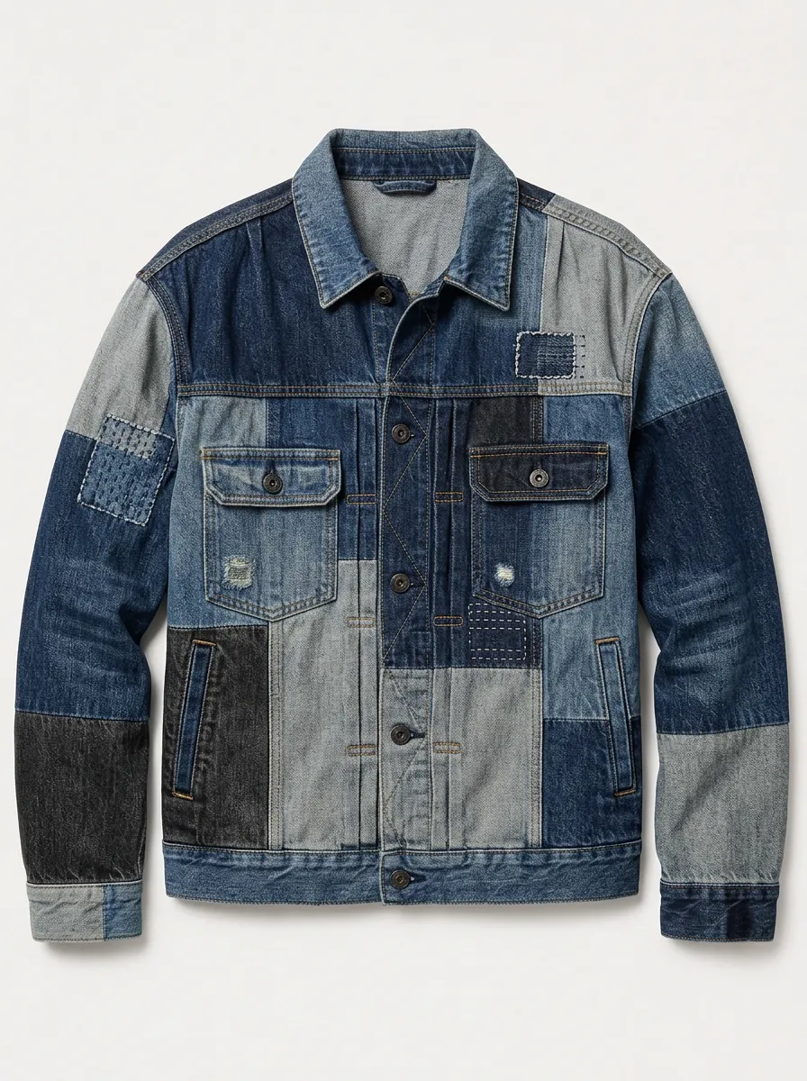Men's Patchwork Denim Trucker Jacket Point-Collar