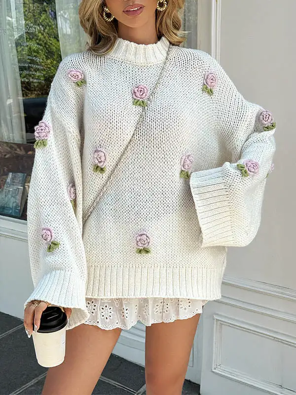 Floral Detail Paneled Mock Neck Long Sleeve Relaxed Fit Pullover Sweater