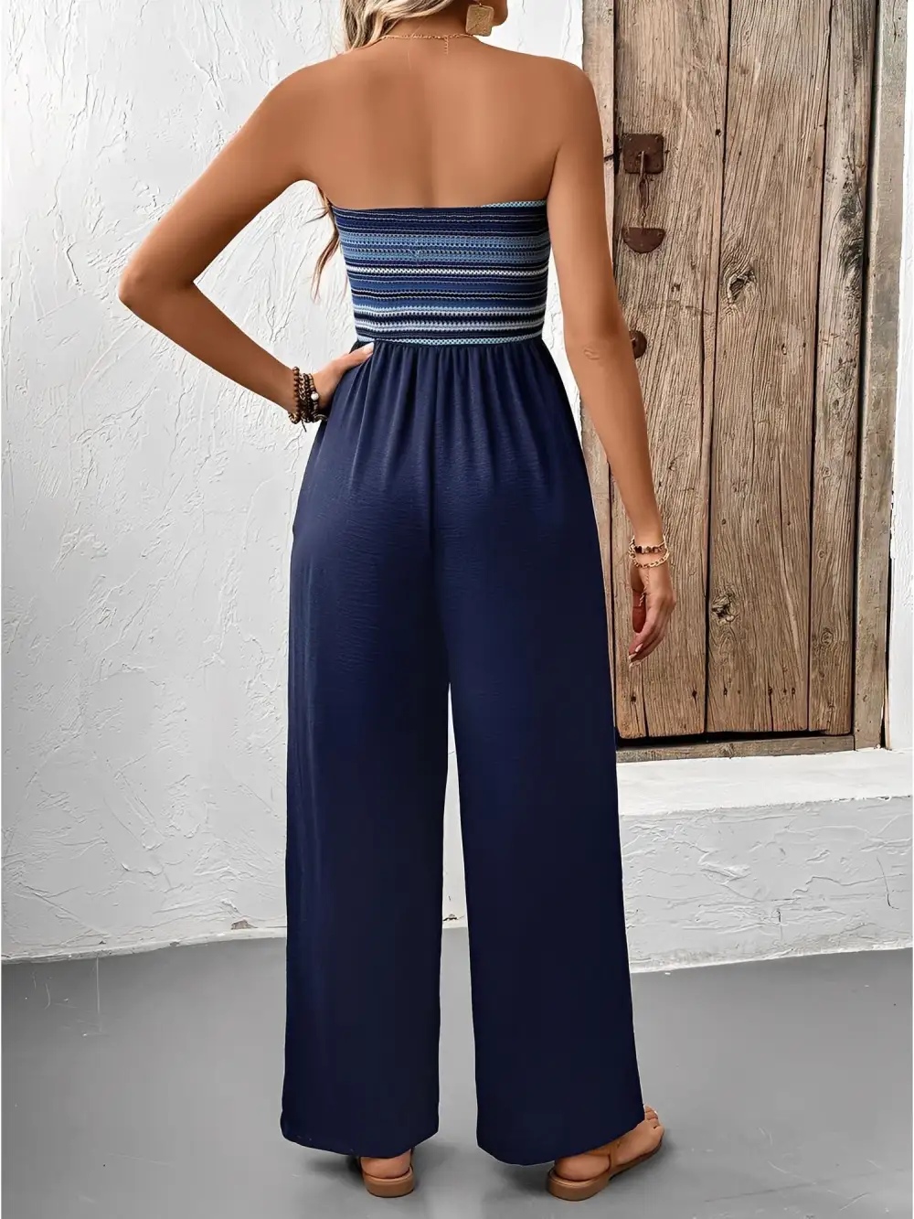 Boho Embroidered Striped Strapless Jumpsuit