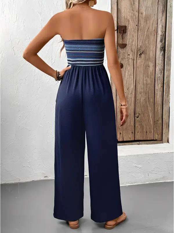 Boho Embroidered Striped Strapless Jumpsuit