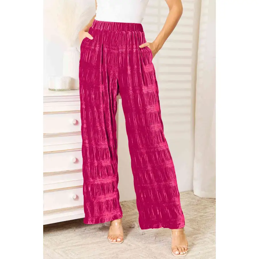 Full Size High Waist Tiered Shirring Velvet Wide Leg Pants