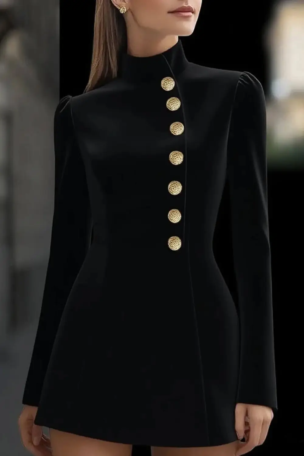 Retro High Neck Metal Button Mini Dress