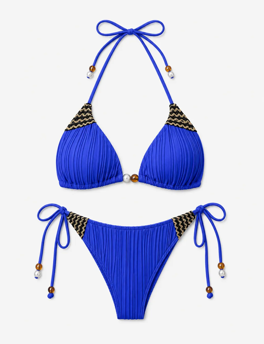 Ribbed Beaded Halter Triangle Two Piece Bikini Set