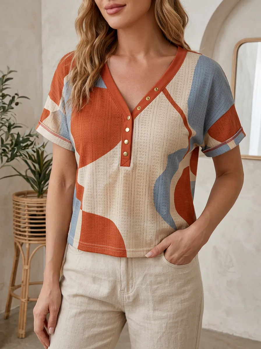 Women's Abstract Geometric Pattern Printed Henley Top