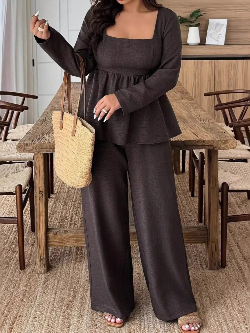 Plus Size Square Neck Long Sleeve Top and Pants
