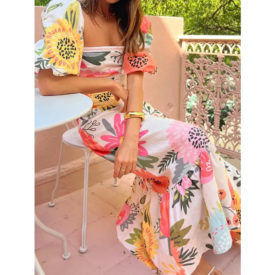 Floral Square Neck Puff Sleeve Maxi Dress with Ruffle Hem