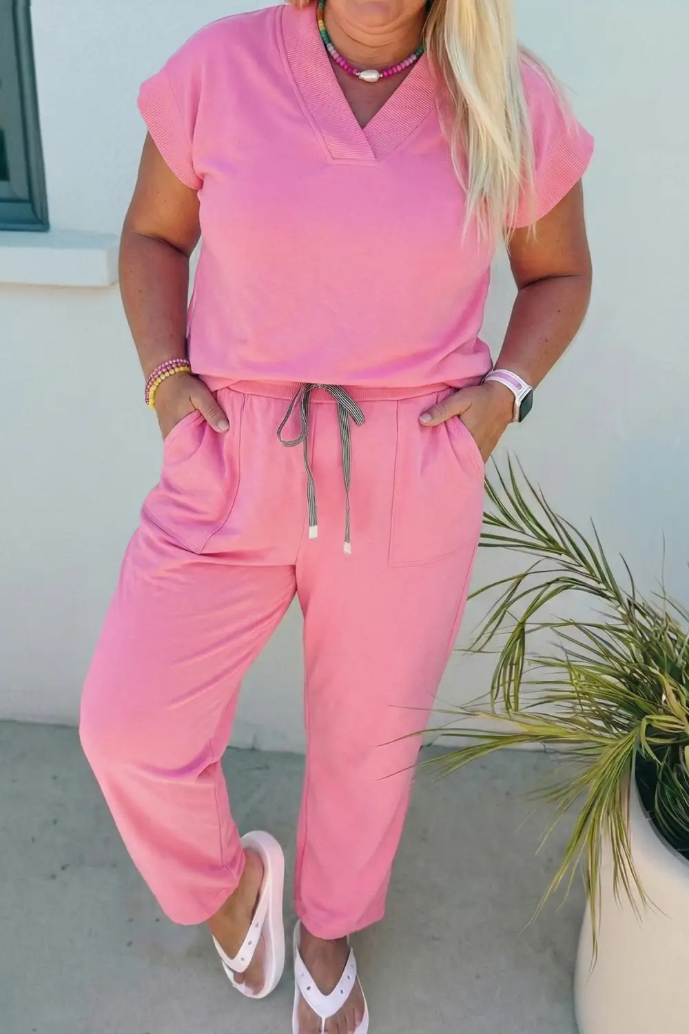 Women's Solid V-neck Tee and Drawstring Pants Set