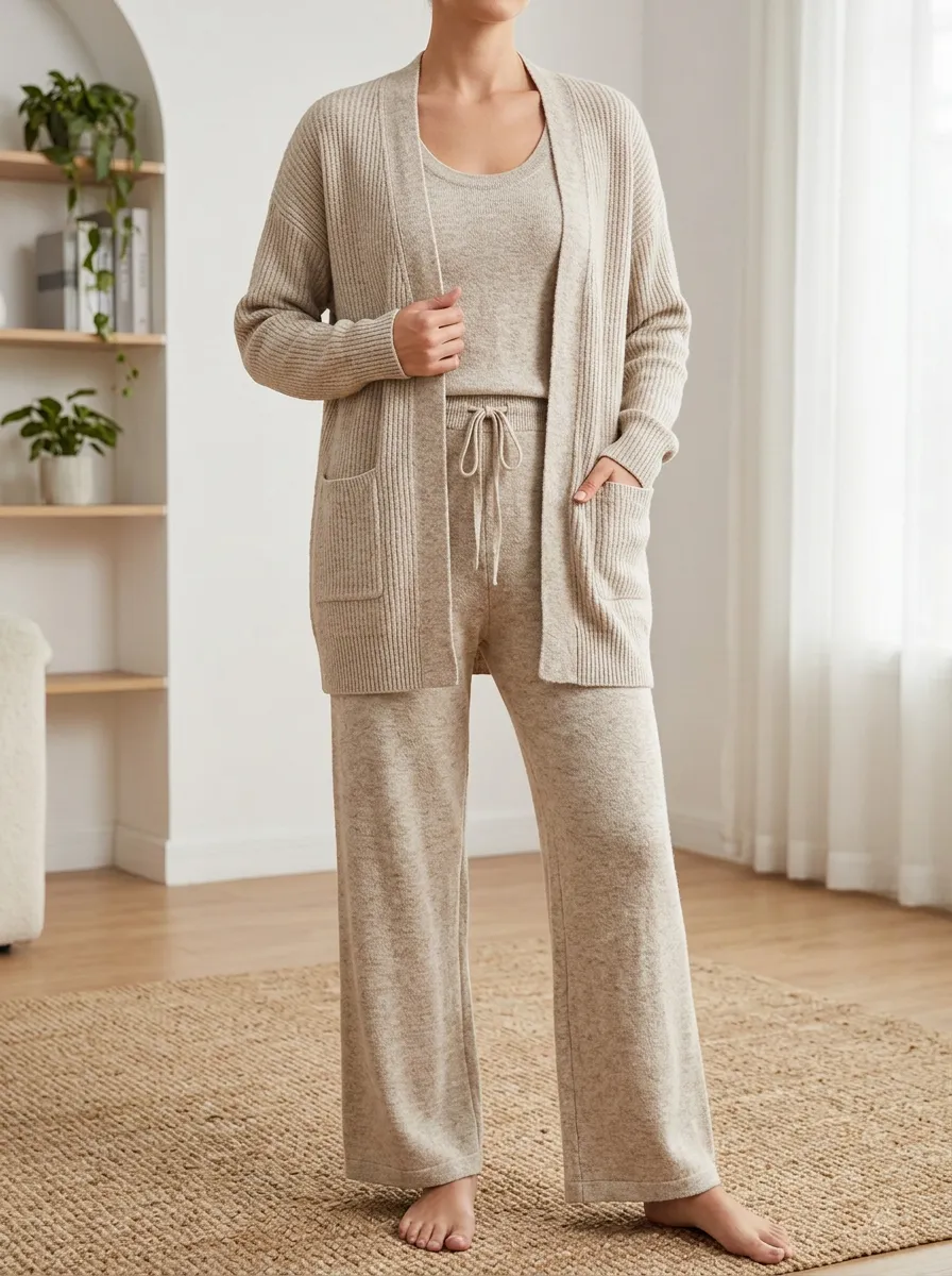 Women's Off Duty Ribbed Knit Cardigan Tank Top And Wide Leg Pants Matching Set