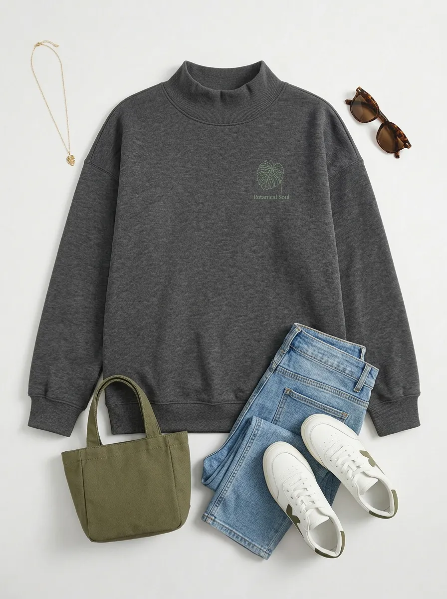 Women's Botanical Soul Monstera Leaf Printed Mock Neck Sweatshirt