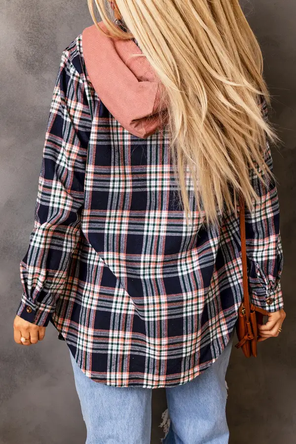 Contrast Hooded Drawstring Plaid Shirt Jacket