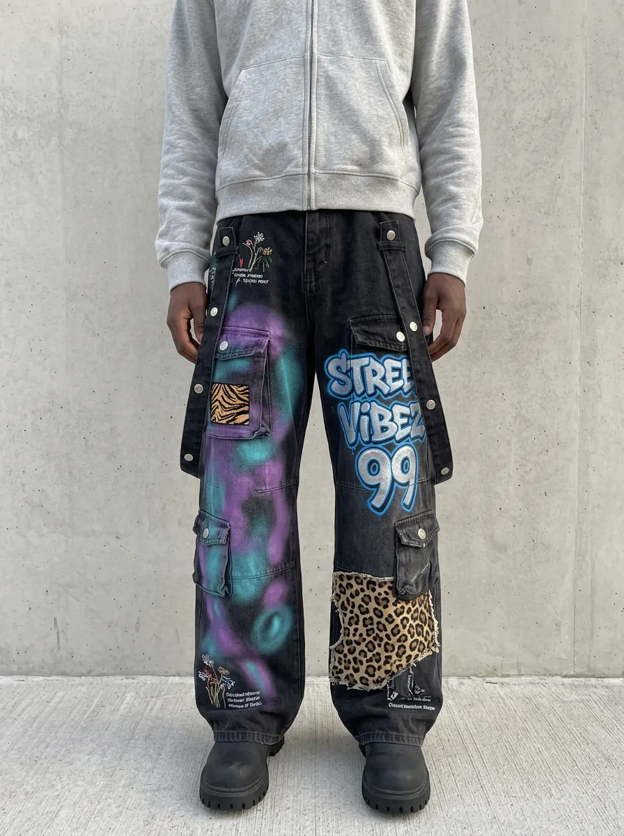 Men's Canvas Graffiti Leopard Patchwork Graphic Cargo Jeans