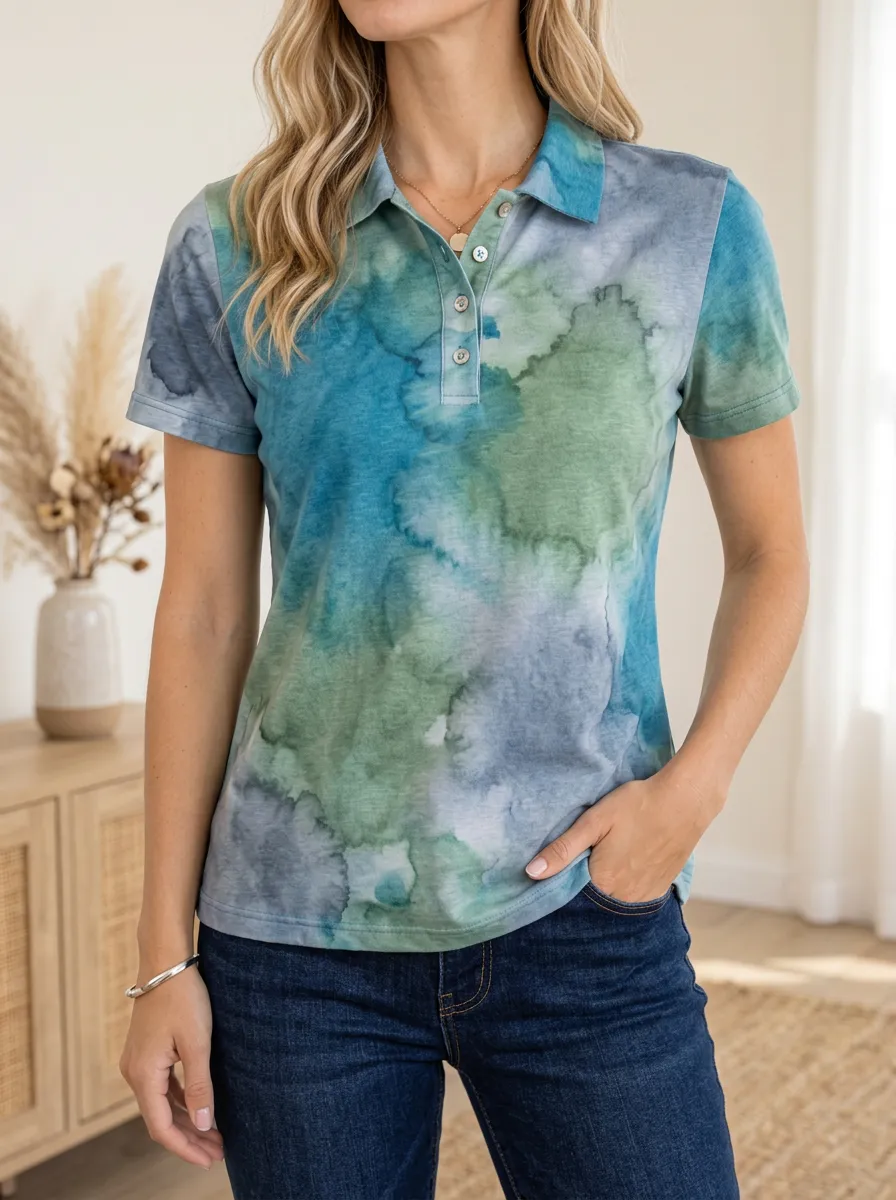 Women's Blue Green Watercolor Abstract Printed Polo Shirt