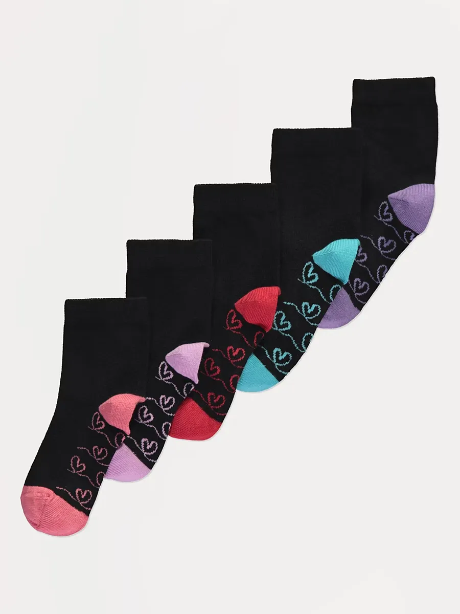 Black Scroll Heart Ankle Socks 5 Pack