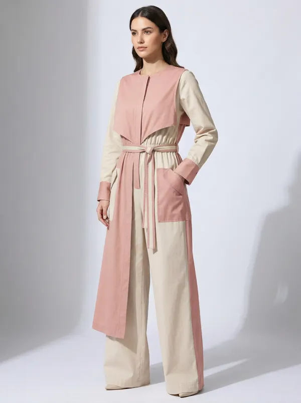 Women's Sage Green Beige Colorblock Belted Jumpsuit