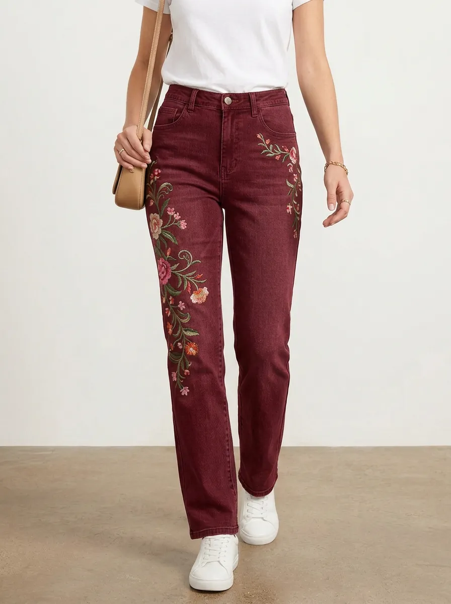 Women's Mid-Blue Floral Embroidered High-Rise Straight Leg Jeans