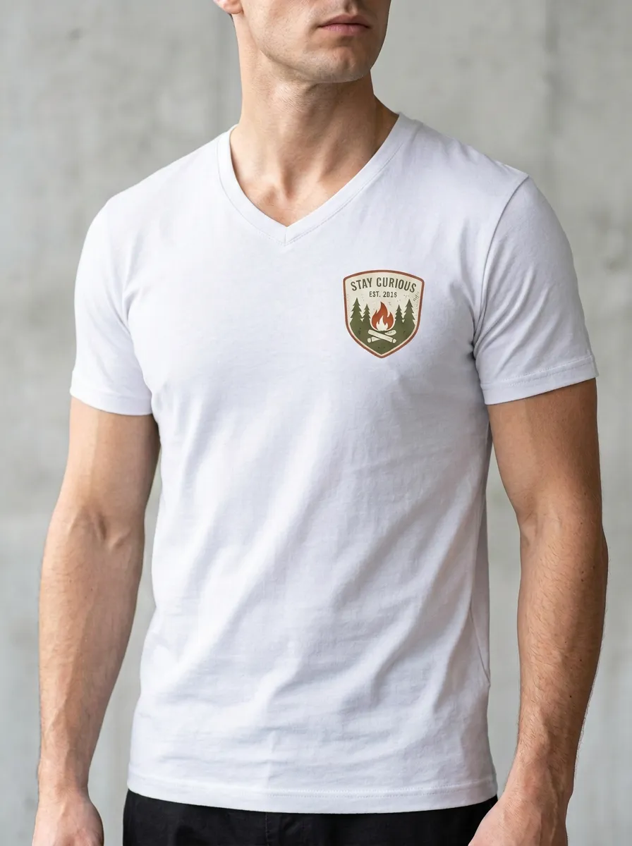 Men's Camping Lover Stay Curious Campfire Forest Printed V-neck T-shirt