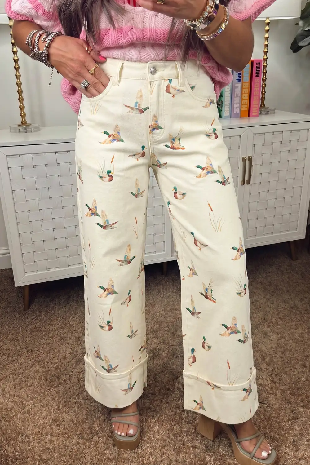 Women's Stylish Mallard Printed Cuffed Hem Shift Jeans