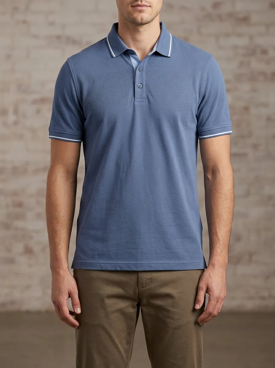 Men's Blue Textured Geometric Pattern Contrast Trim Polo Shirt