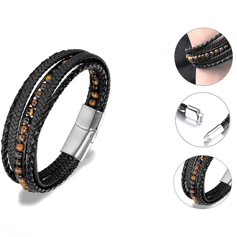 Hematite Agate Tiger Eye Amazonite Beaded Leather Bracelet
