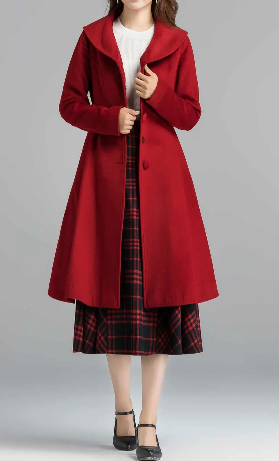 Classic Wool Blend Fit and Flare Lapel Collar Pocketed Button Front Coat