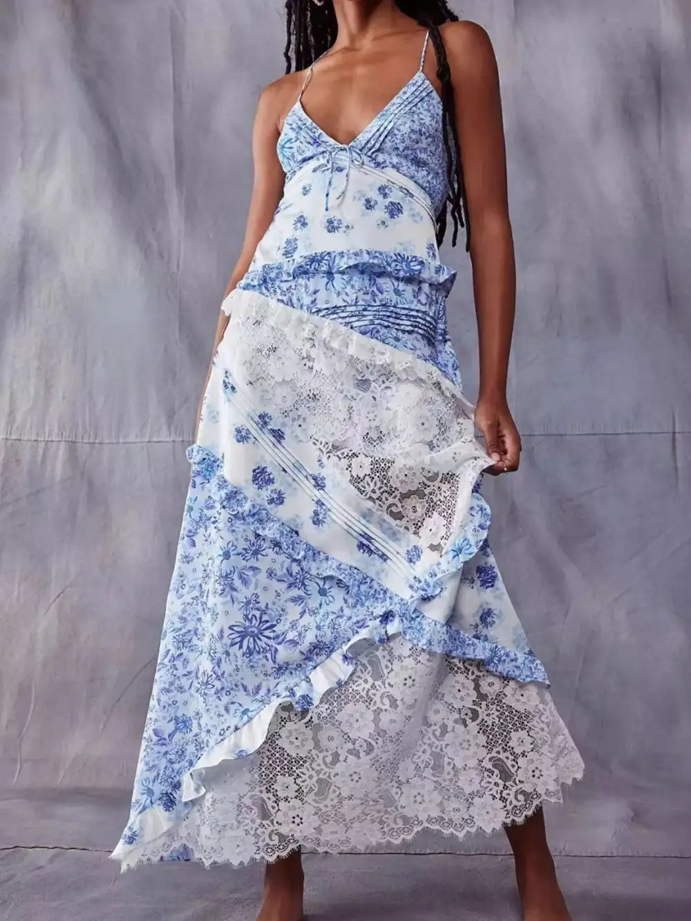 Floral Lace V Neck Maxi Dress