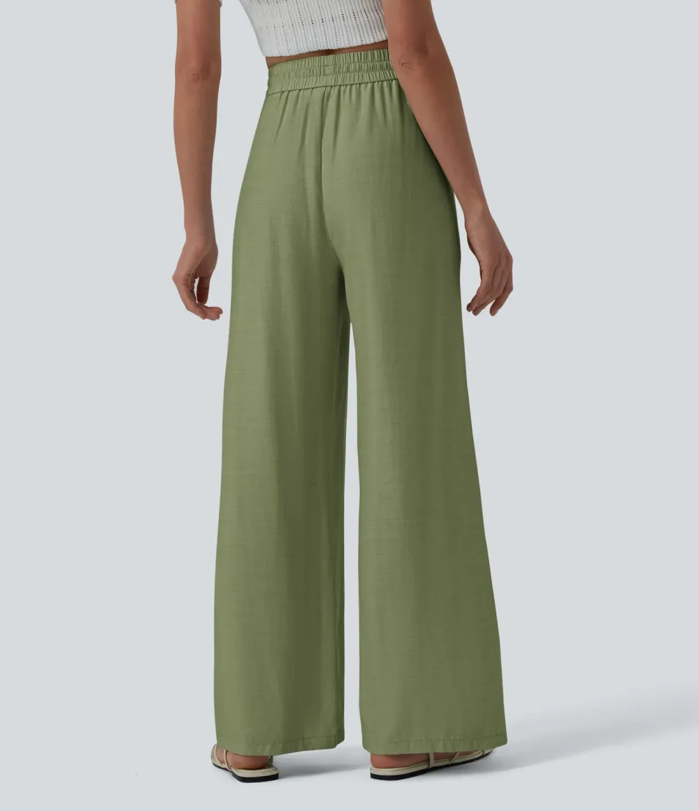 2026🔥High Waisted Drawstring Wide Leg Casual Linen-Blend Trousers with Pockets
