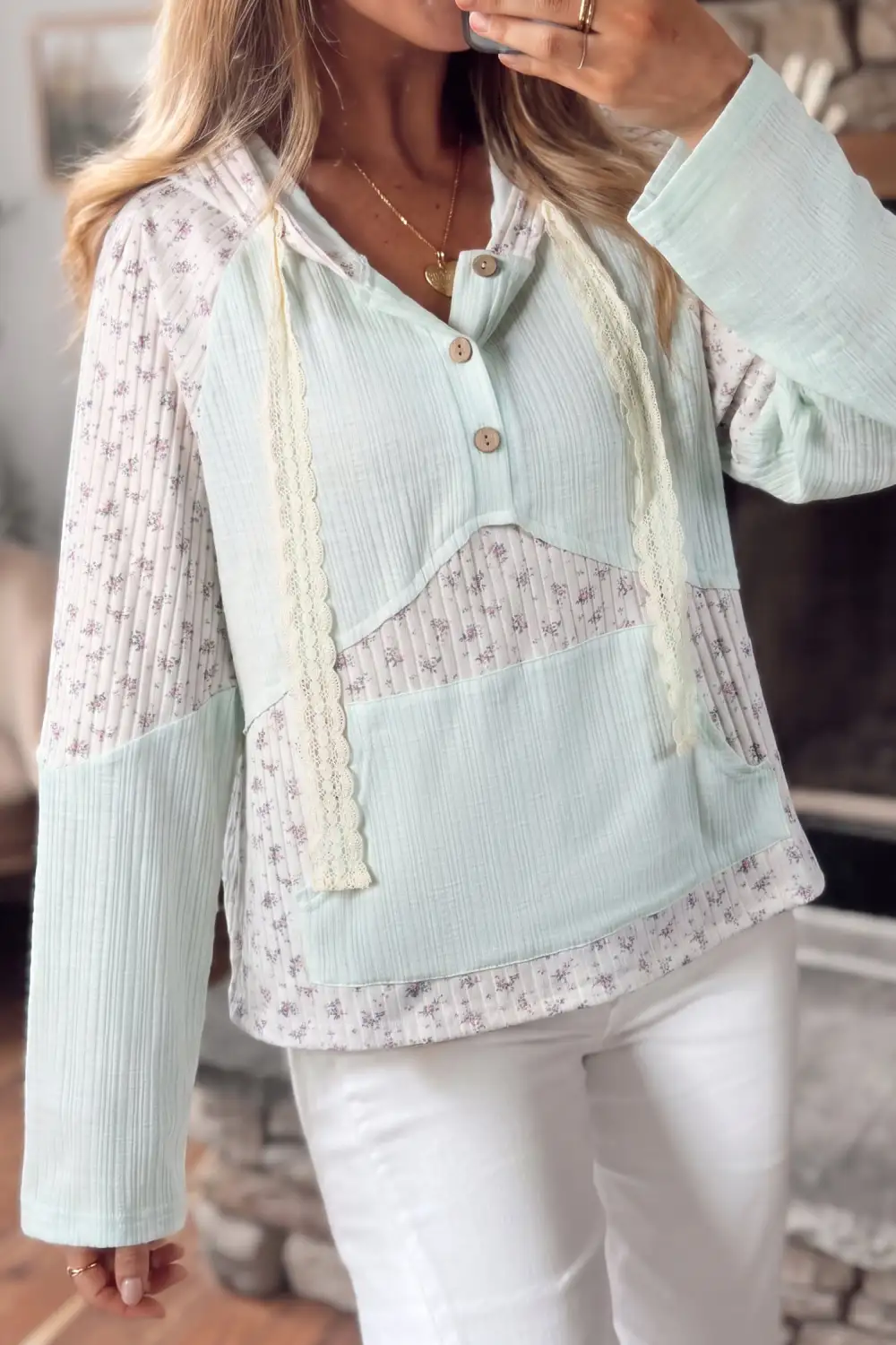 Floral Print Hooded Ribbed Long Sleeve Top
