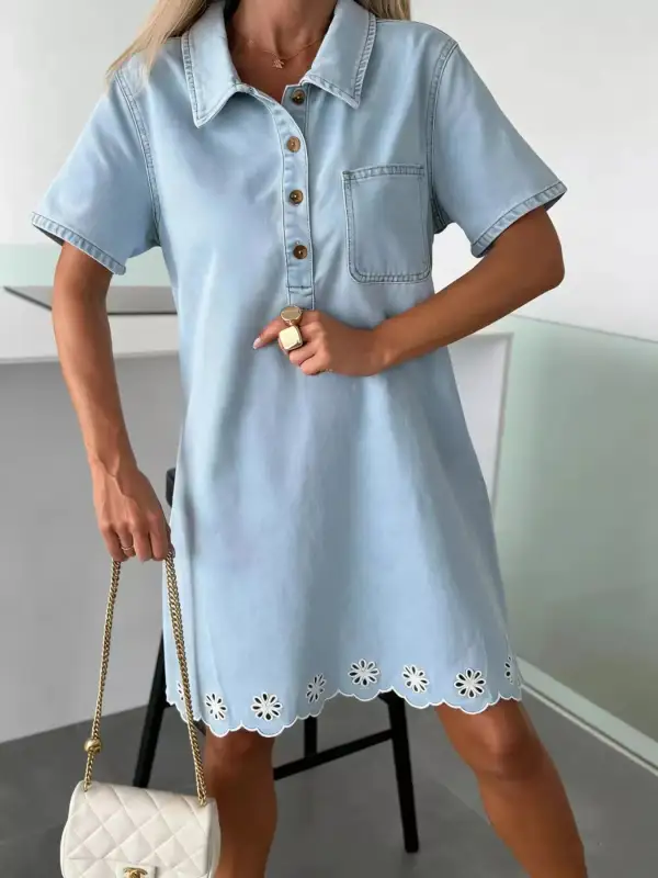 Floral Print Denim Scalloped Hem Pocketed Dress