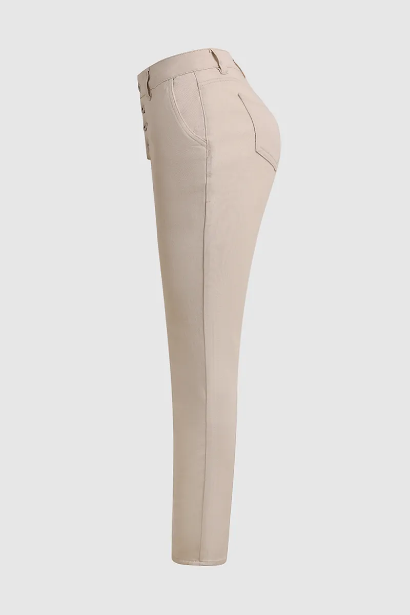 Solid Button Fly Slant Pocket Jeans