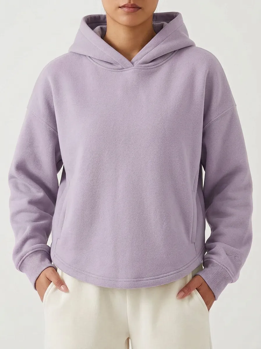 Women's Minimalist Sage Green Solid Color Embroidered Wave Hoodie