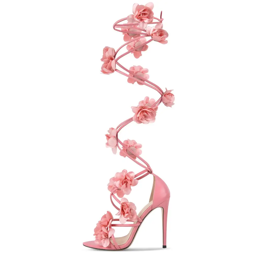 Pointed Toe Flower Strappy Lace Up Sandals