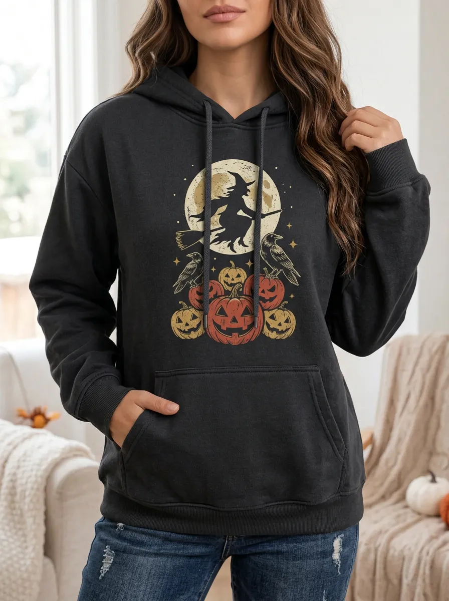 Women's Halloween Witch Moon Pumpkin Raven Printed Hoodie