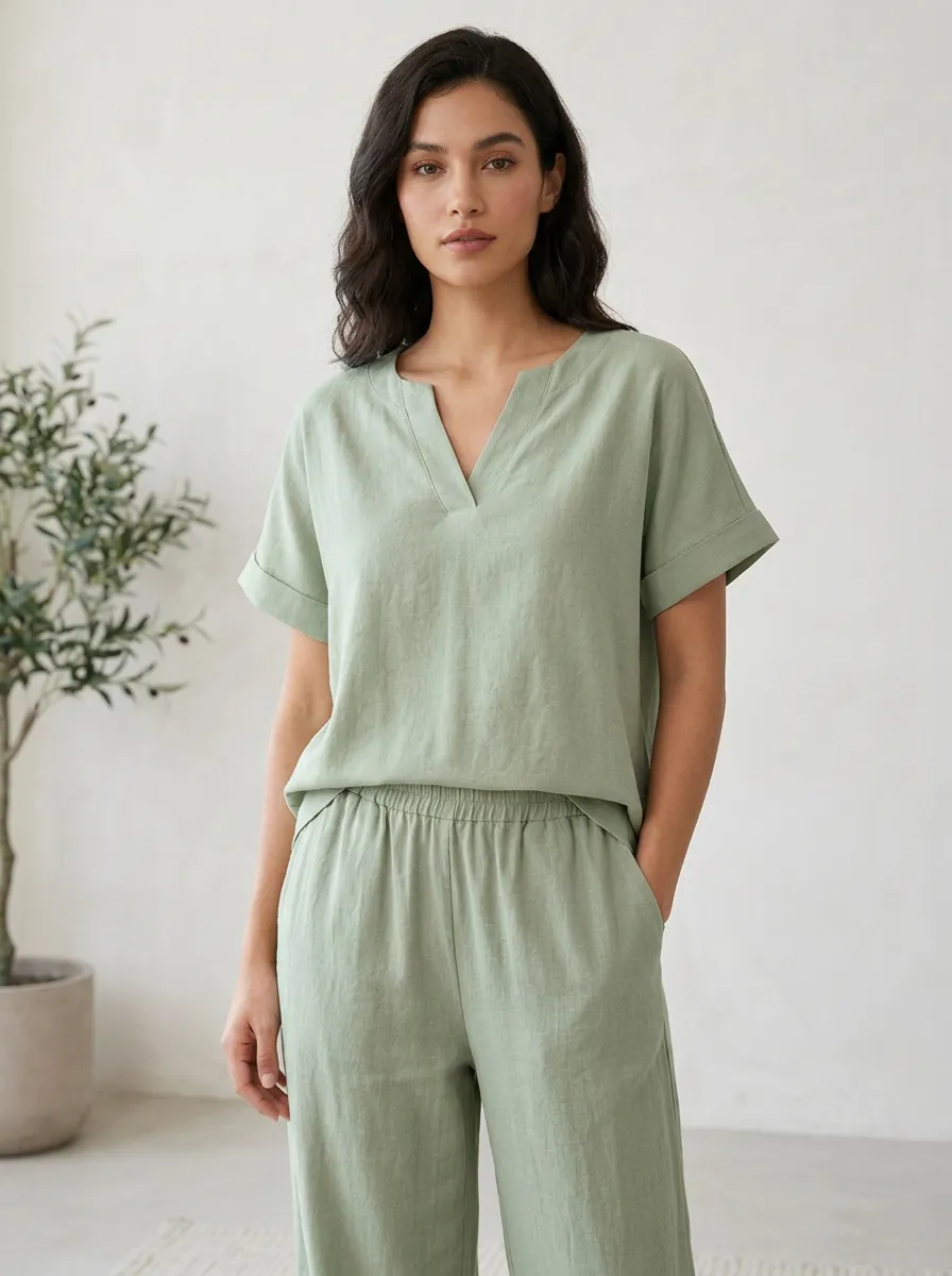 Ribbed Minimalist Women's V-Neck Casual Lounge Set