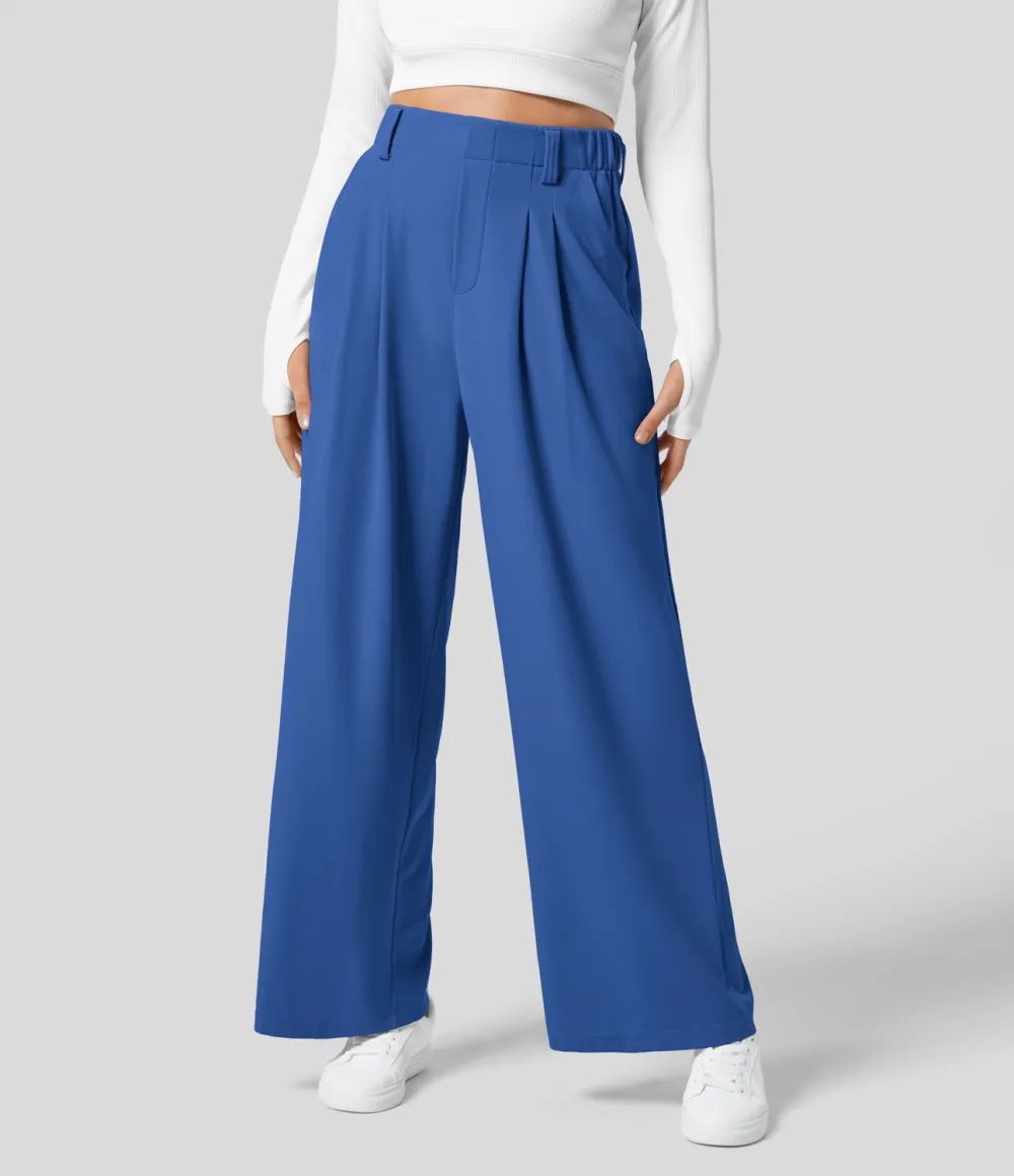 2026🔥  High Waisted Plicated Side Pocket Wide Leg Waffle Work Pants