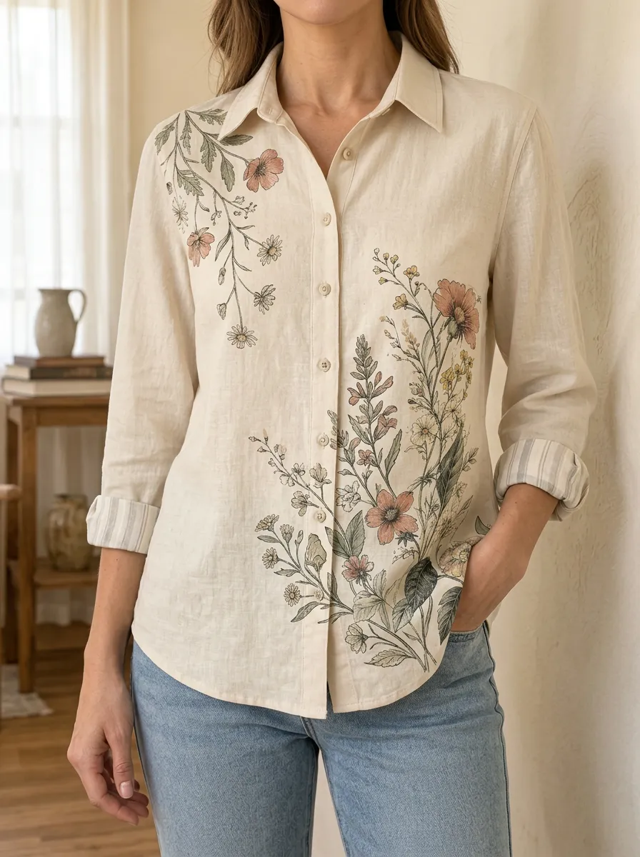 Women's Botanical Garden Wildflower Printed Linen Shirt
