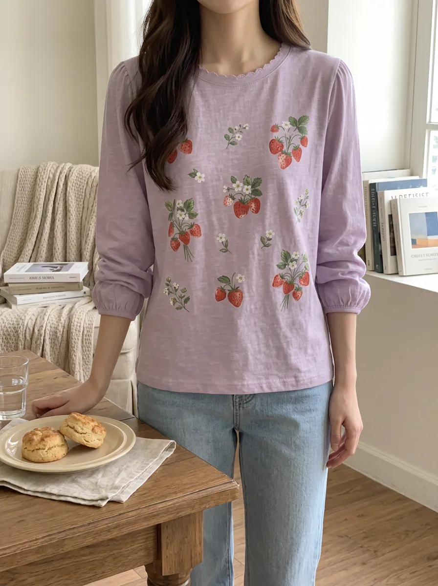 Women's Delicate Casual Sweet Style Strawberry Floral Printed Long Sleeve T-shirt