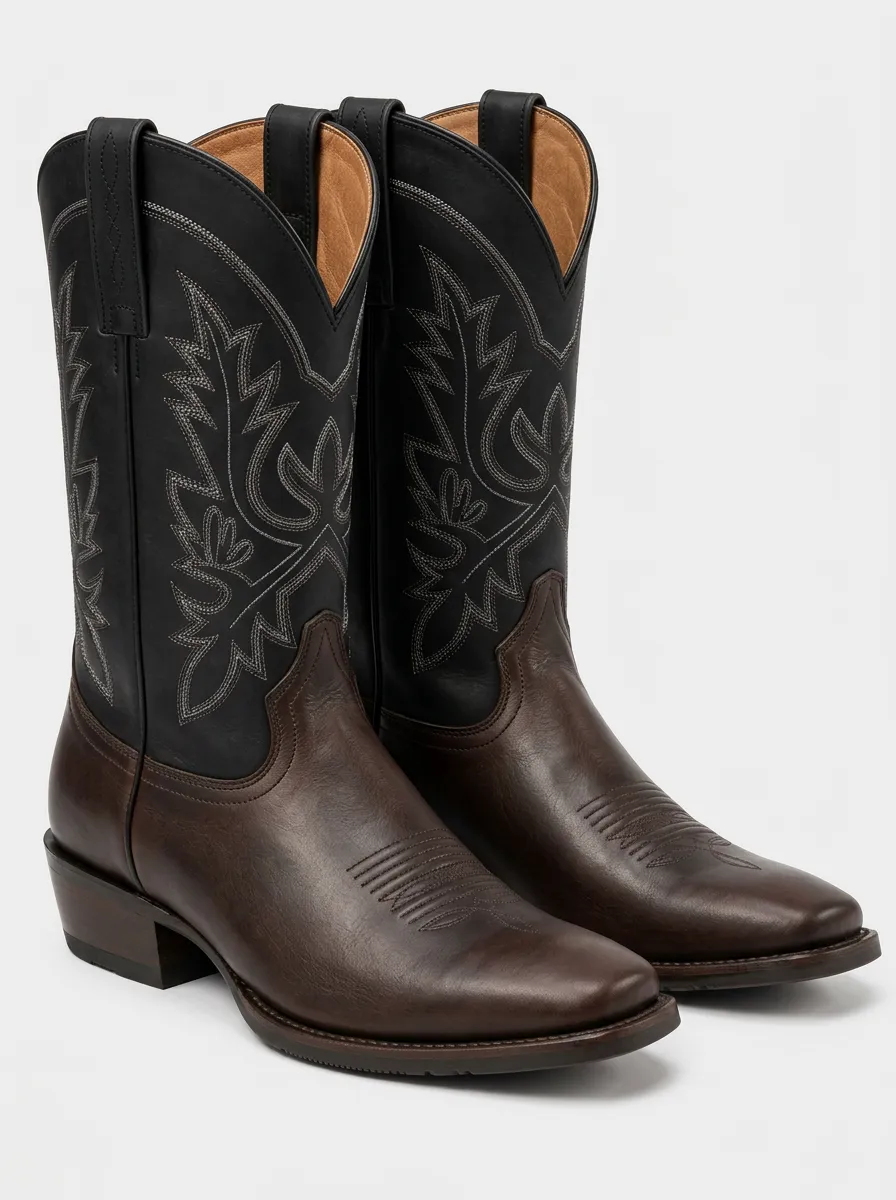 Men's Two Tone Leather Western Boots with Embroidery