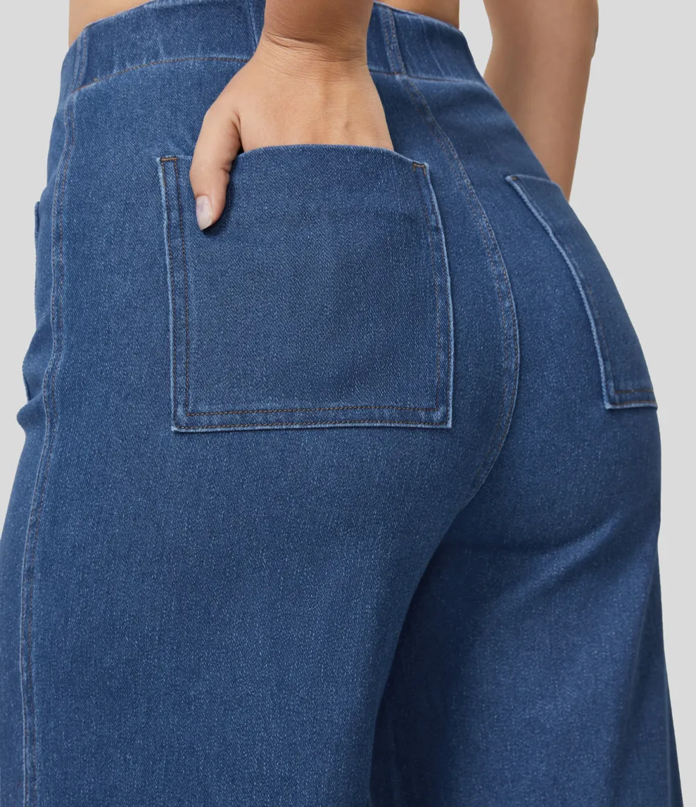 Magic High Waisted Button Multiple Pockets Washed Stretchy Knit Casual Wide Leg Full Length Jeans