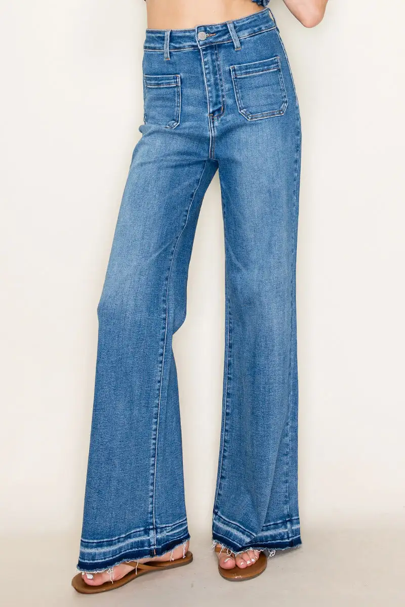 Women's High Rise Released Hem Patch Pocket Wide Leg Stretch Denim Jeans