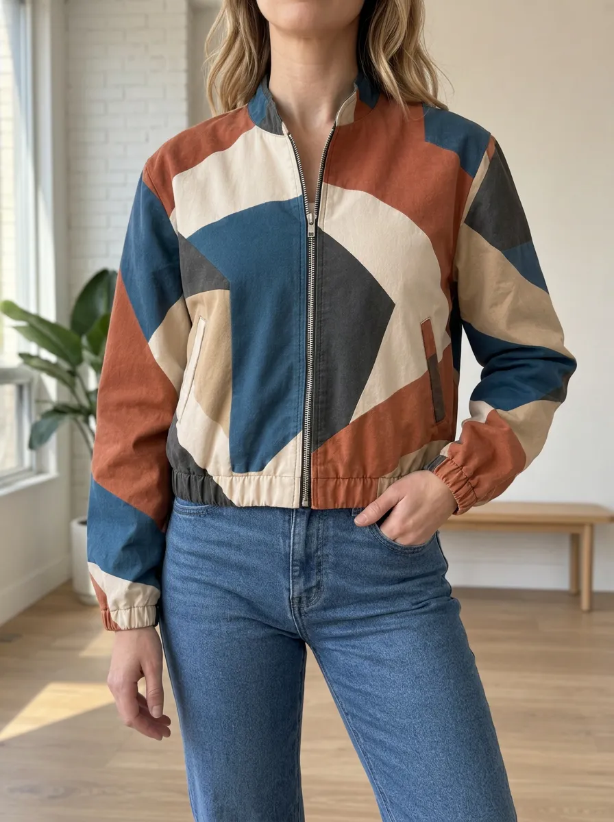 Women's Classic Geometric Abstract Bomber Jacket