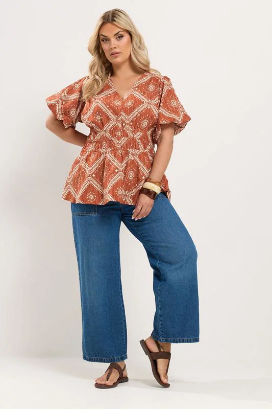 Orange Abstract Puff Sleeve Blouse detail 1