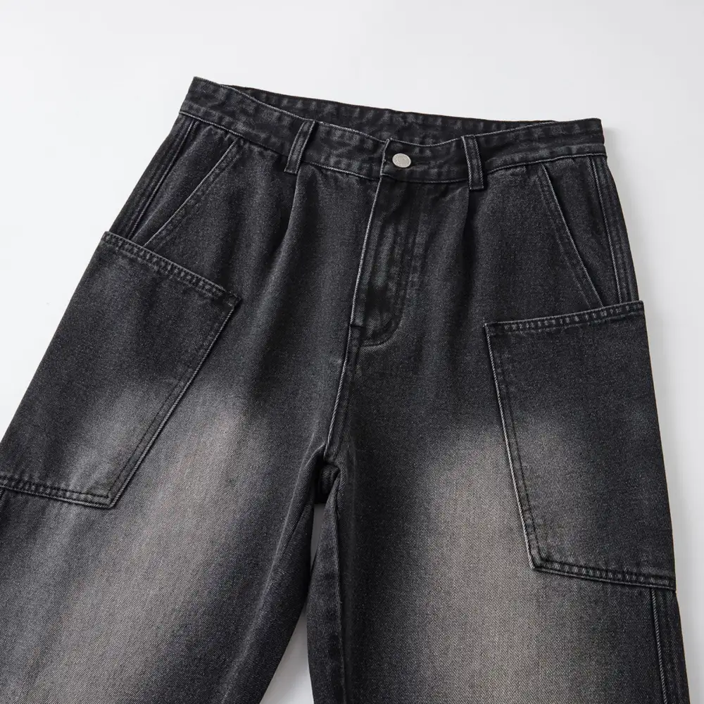 Straight Leg Cargo Washed Denim Jeans