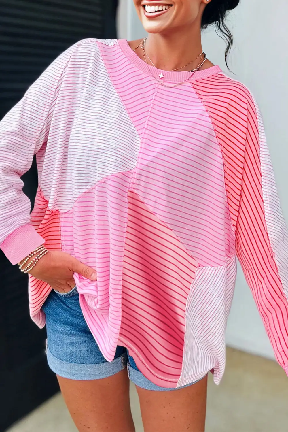 Women's Top With Striped And Colorblock And Long Sleeve