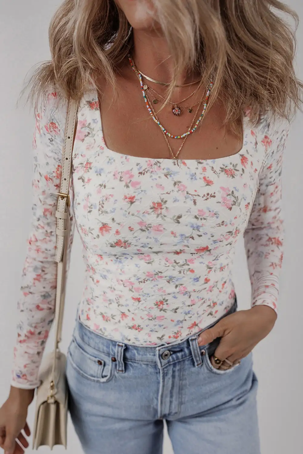 Floral Print Textured Long Sleeve Women's Top