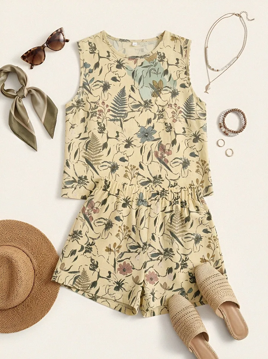 Women's Botanical Floral Fern Printed Sleeveless Short Set