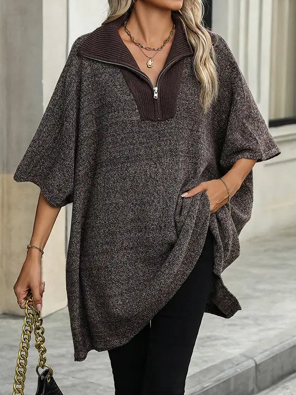 Paneled Zip Detail V-Neck Elbow Sleeve Relaxed Fit Sweater